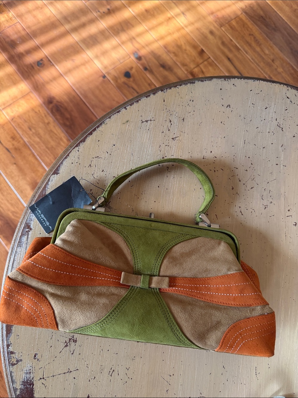 NEW Via Spiga Suede Colorblock Clutch in Green, Tan & Orange
